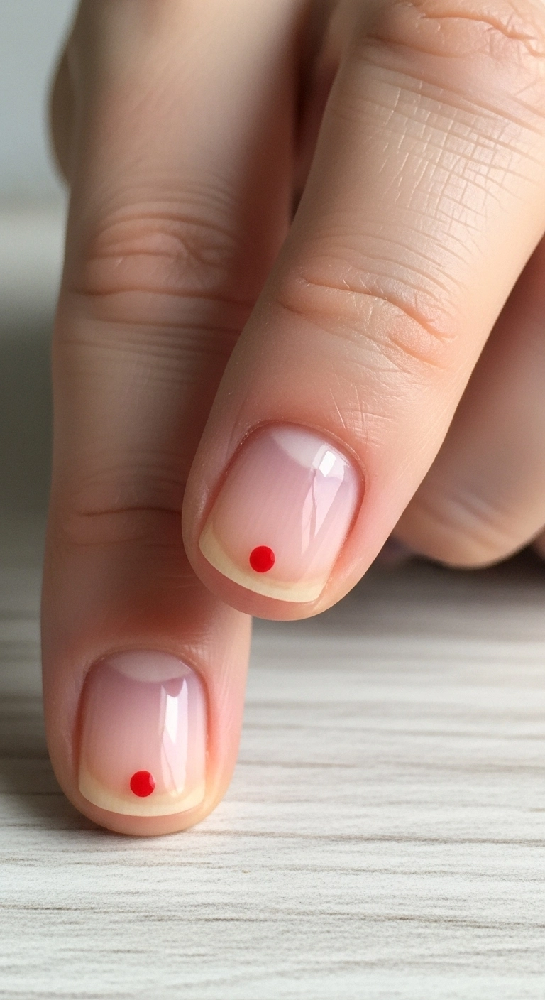 A close-up of a short natural nail with a clear glossy base and a single tiny red dot near the cuticle.