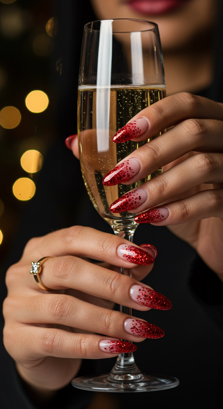 Long almond-shaped nails with a nude base that fades into sparkling red glitter at the tips.