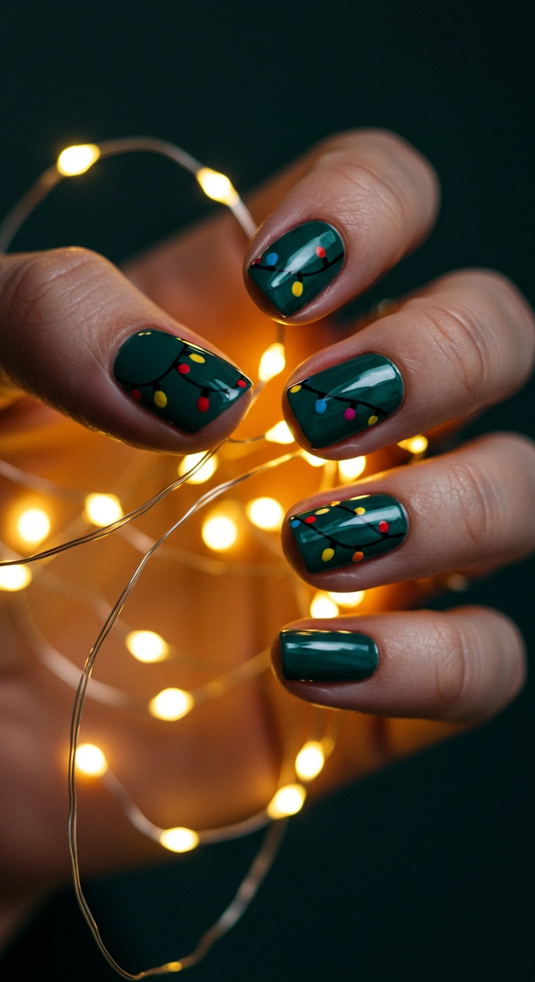 Dark green short nails with a delicate string of Christmas lights painted across them.