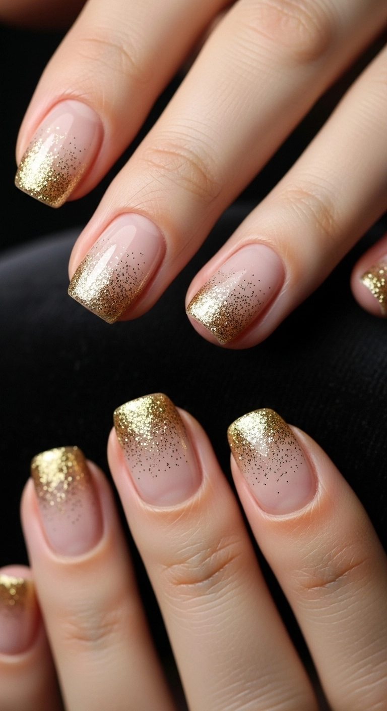 Minimalist short nails with a delicate gold glitter fade from the cuticles.