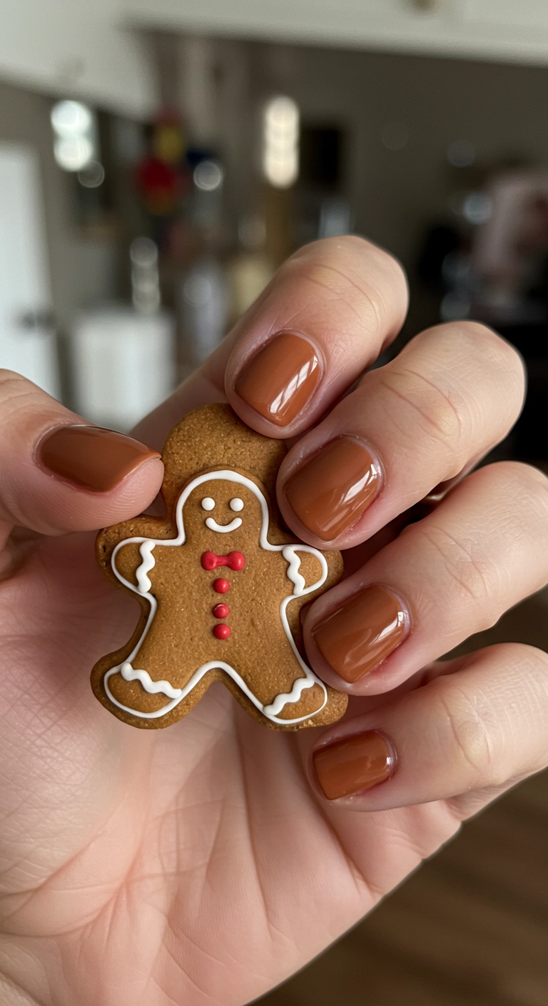 Caramel brown short nails with a cute gingerbread man accent nail.