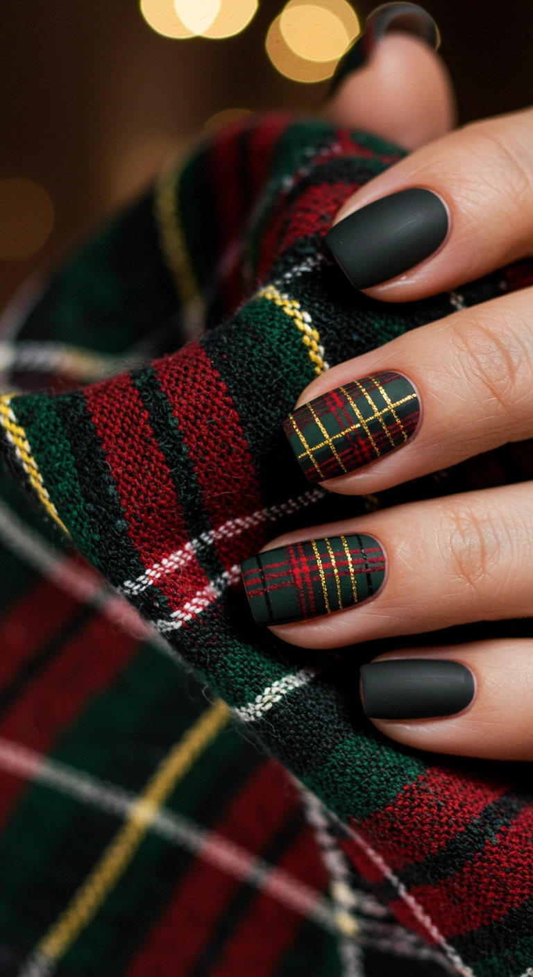 Short square nails with a detailed red, green, and black festive plaid pattern.