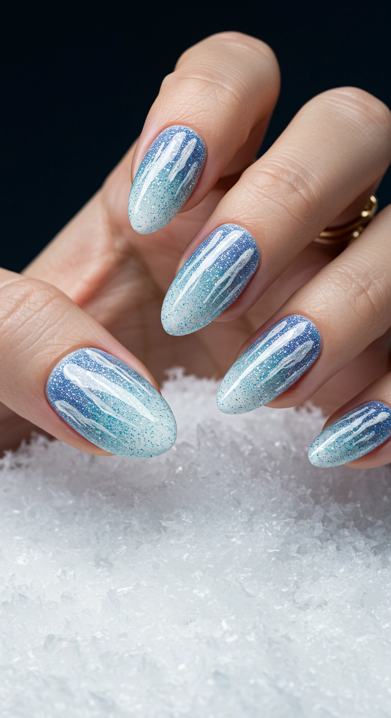 Short almond nails with an icy blue and silver shimmer gradient, resembling icicles.