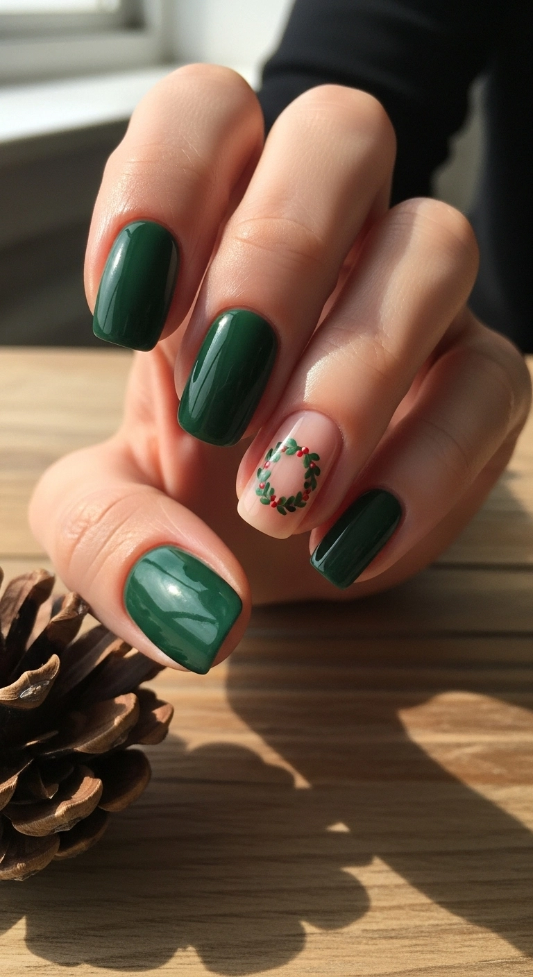 Deep green short nails with a tiny, detailed Christmas wreath on the ring finger.