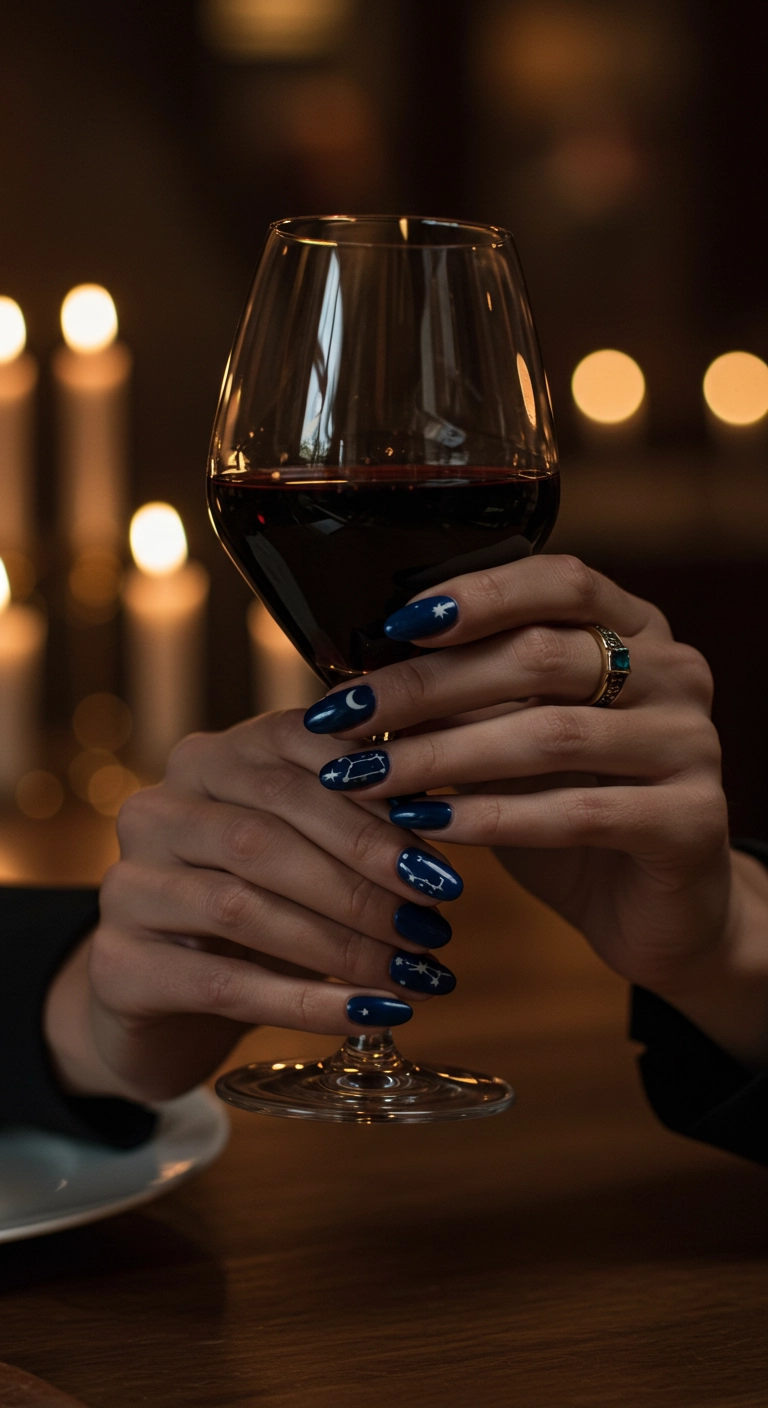 Short midnight blue nails with tiny silver stars and moons, creating a starry night effect.