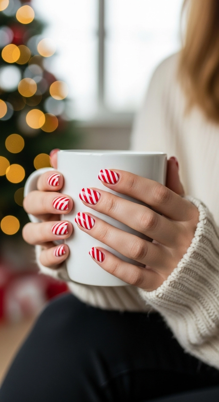 Close-up of short nails with classic red and white candy cane stripe design.