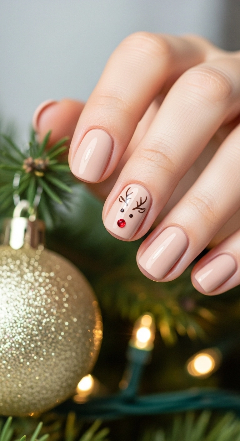 Beige short nails with a minimalist Rudolph accent nail featuring a red rhinestone nose.