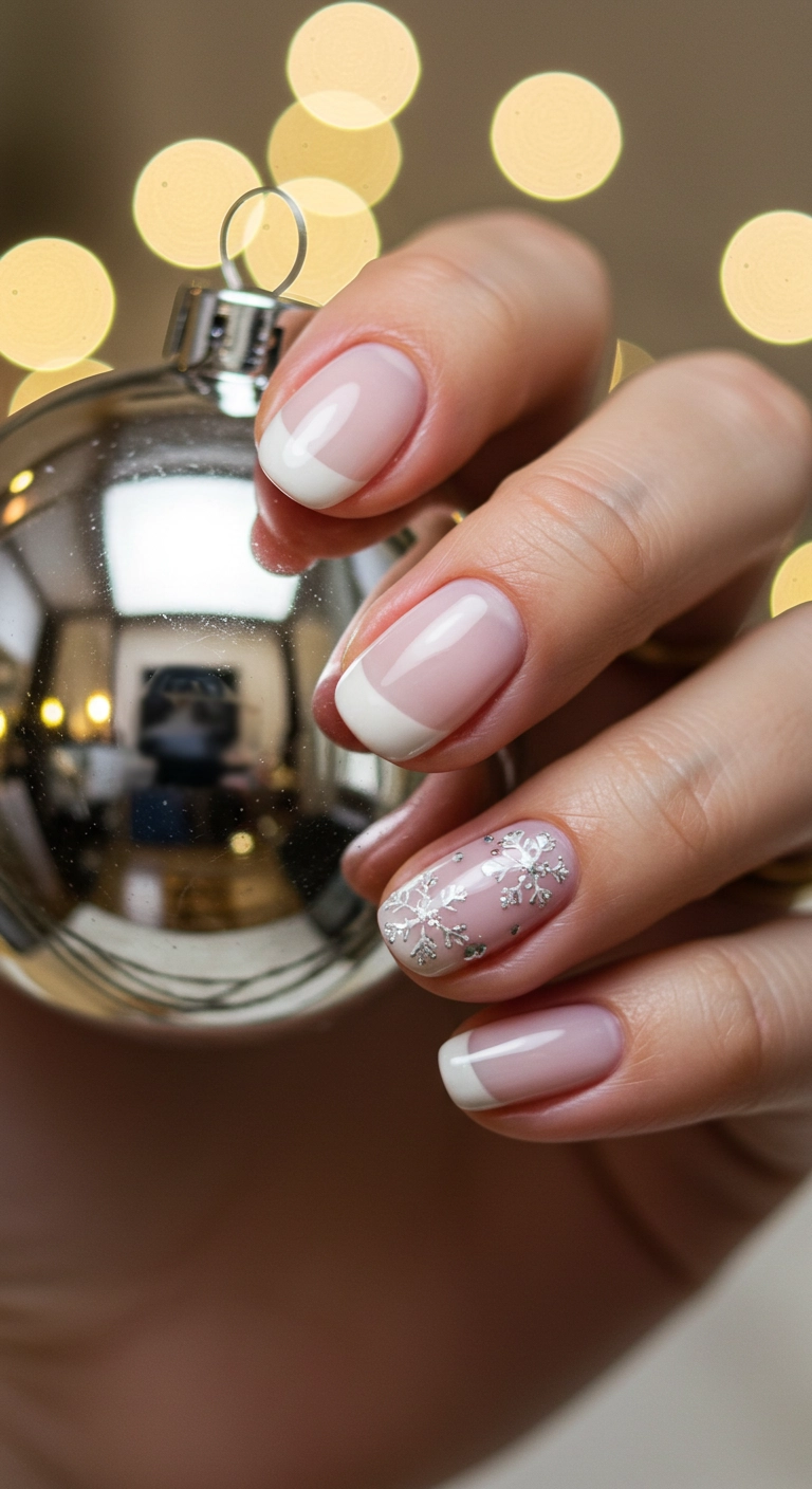 Sheer milky white short nails with delicate silver snowflake details.