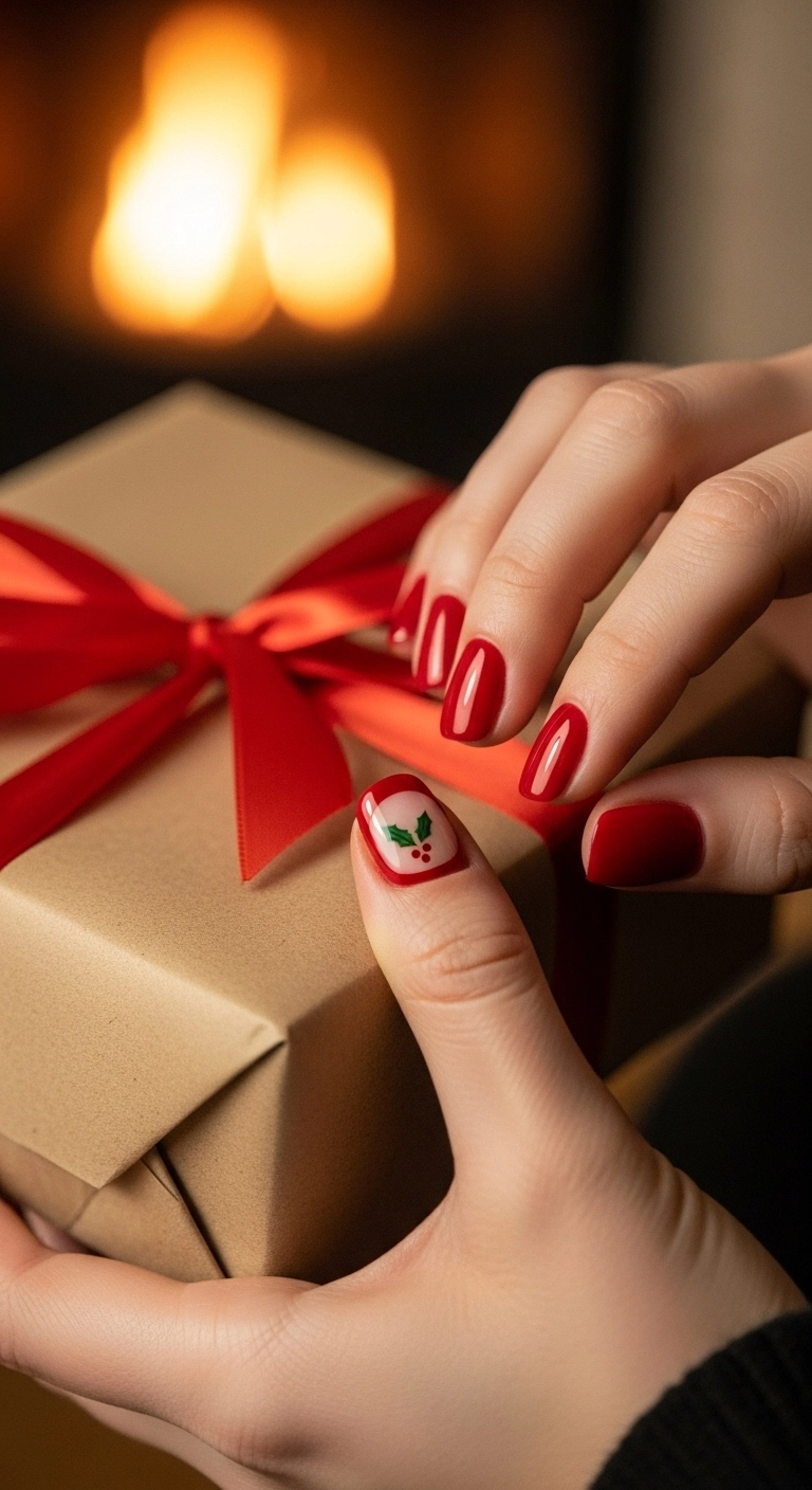Classic red short nails with a minimalist holly and berry design on the thumb.