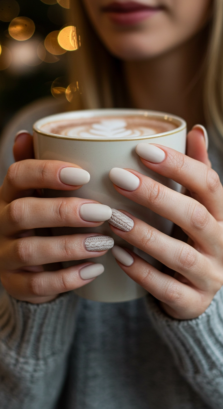 Short off-white nails with a 3D cable knit sweater accent nail.
