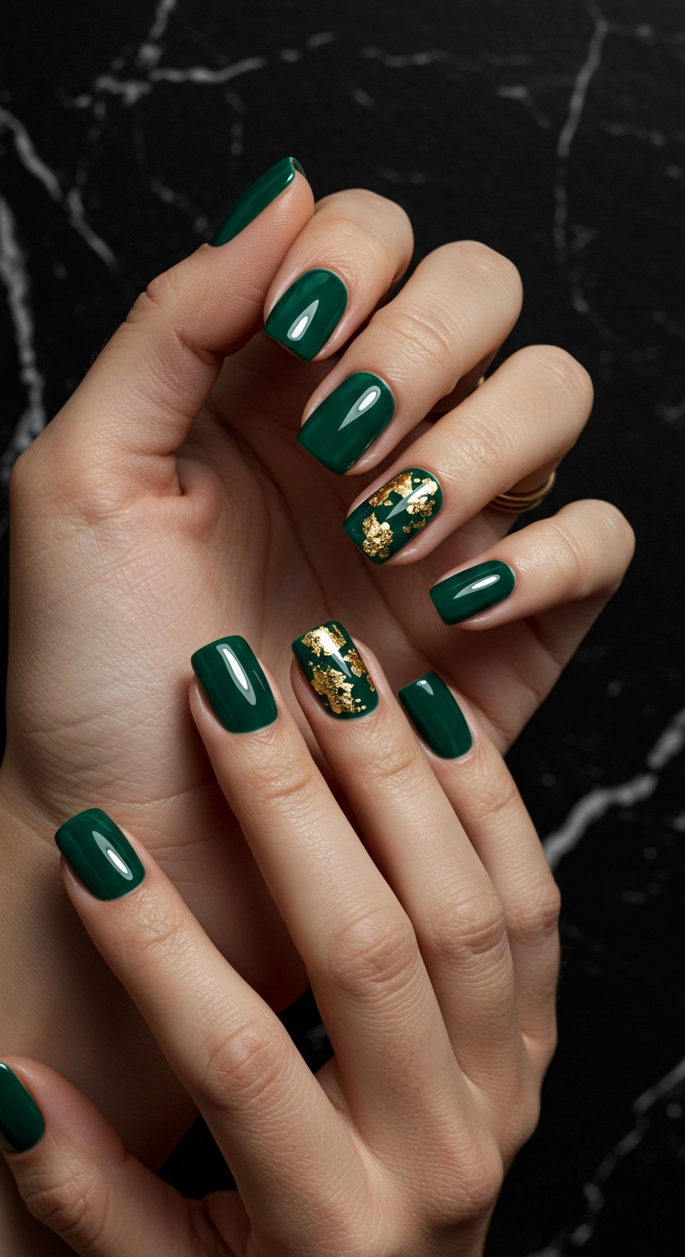 Short emerald green nails adorned with abstract gold foil flakes.
