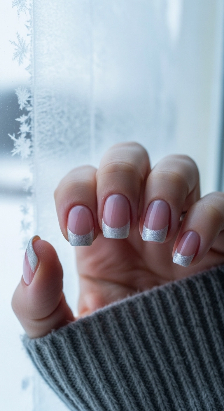 Modern French manicure on short nails with shimmery, snowy white tips.