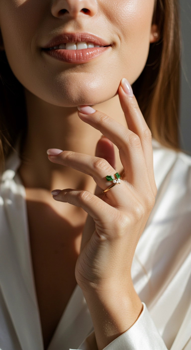 Short nails with a sheer pink base and a tiny, delicate mistletoe design on an accent nail.
