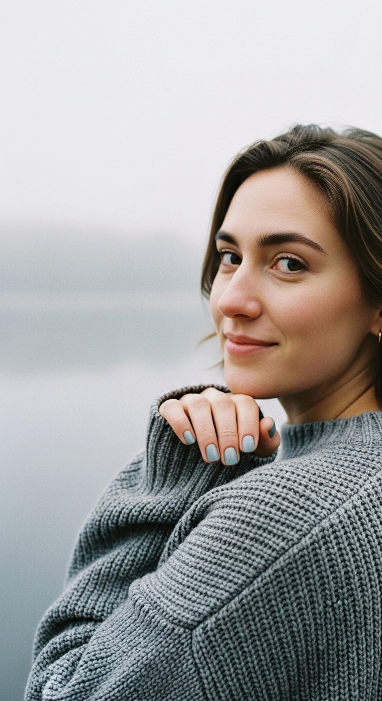 A woman with short rounded nails painted in a muted, creamy blue-gray color.