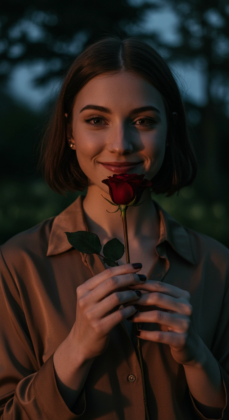 A woman holding a rose, showcasing her short, glossy burgundy nails.