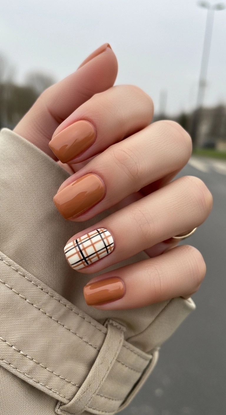 A macro shot of short square nails with a camel, cream, and black plaid accent nail.