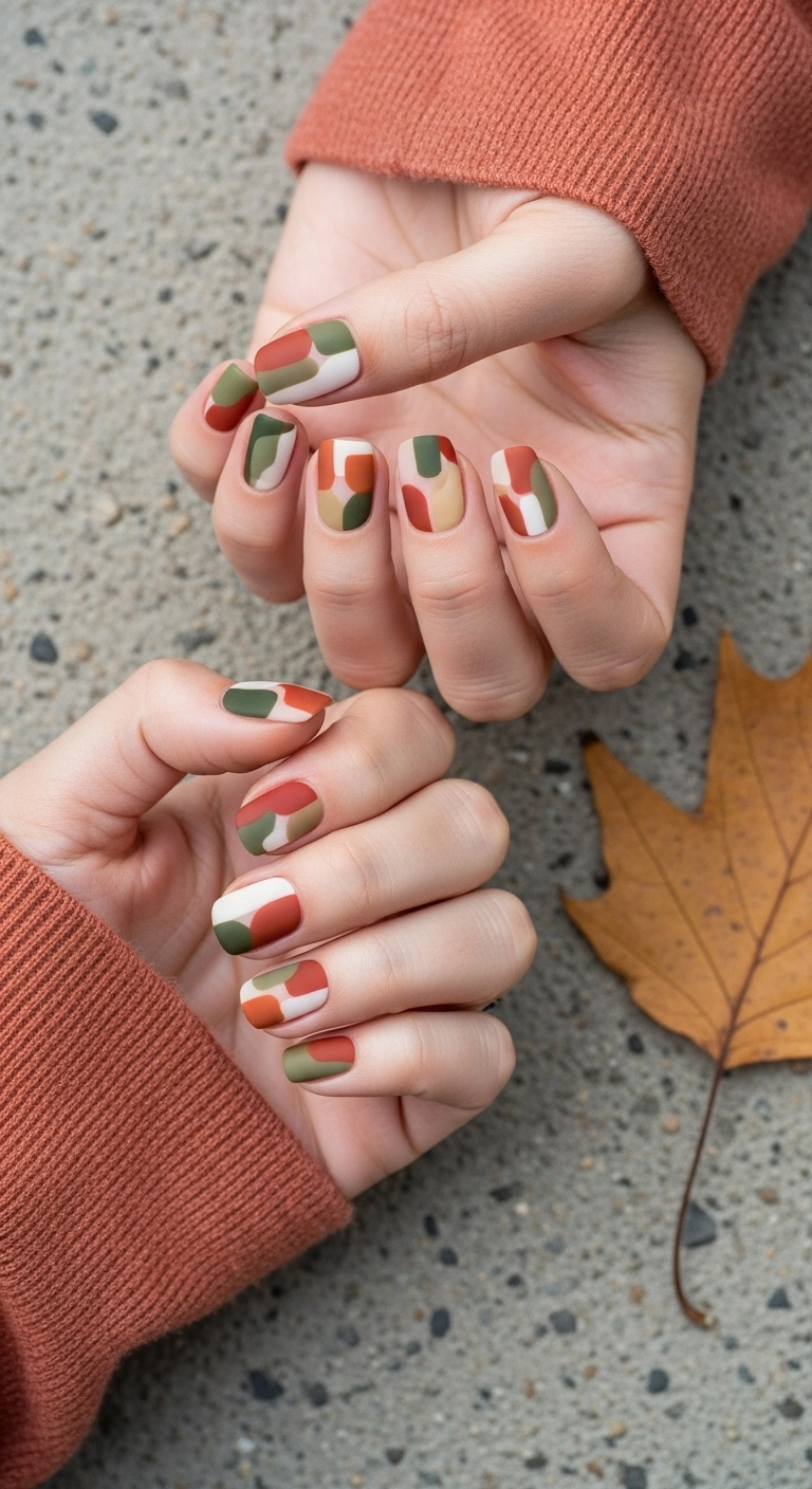A top-down view of short nails with matte abstract art in terracotta, olive, and sand colors.