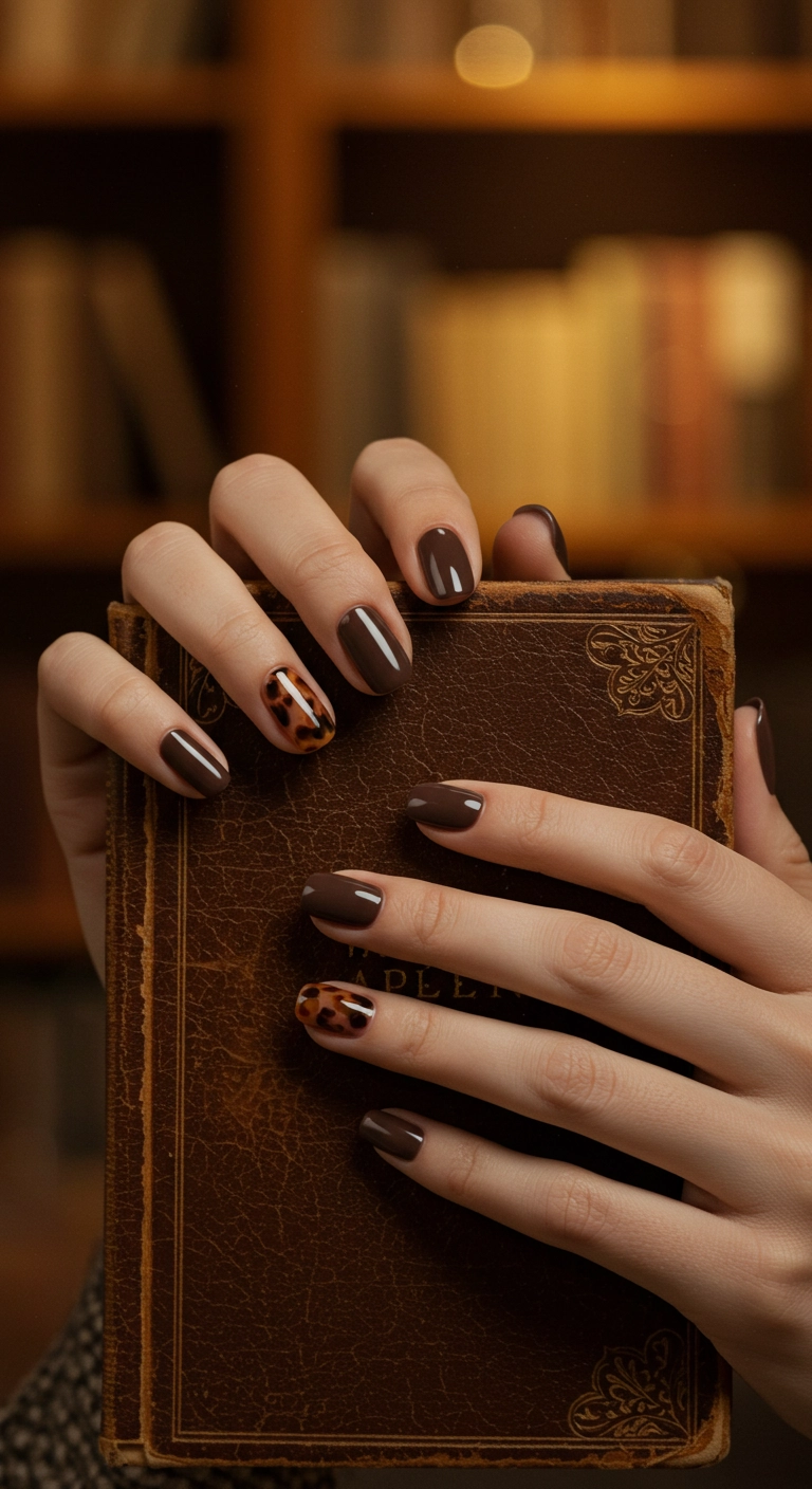 Short rounded nails with two accent nails featuring a glossy tortoiseshell pattern, with the other nails in a solid chocolate brown.