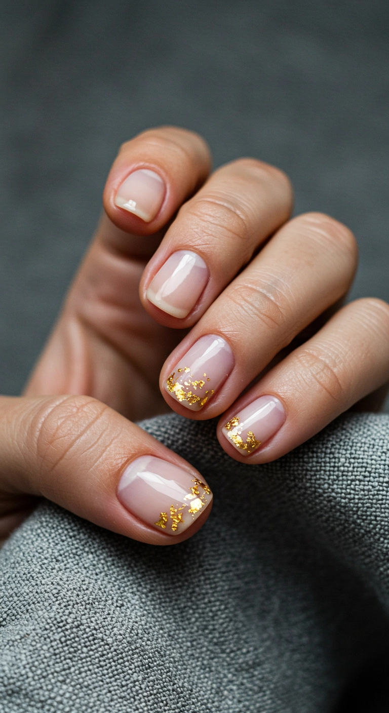A macro image of short nails with a sheer nude base and delicate gold foil accents near the cuticle.