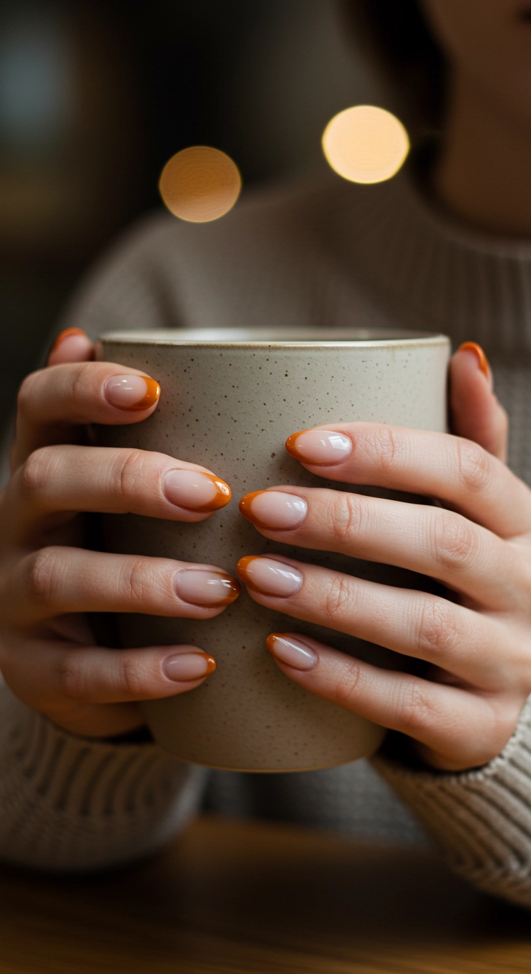 A woman's hands holding a mug, showing short almond nails with a beige to burnt orange ombré design.