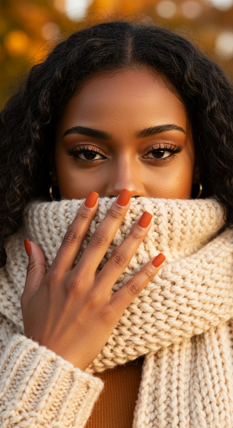 A woman showcasing her short square nails painted in a solid matte burnt orange color.