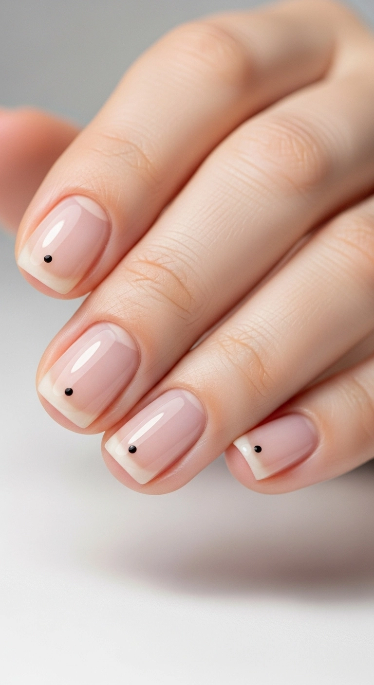 An extreme close-up of short, glossy nails with a single tiny black dot at the base of each nail.