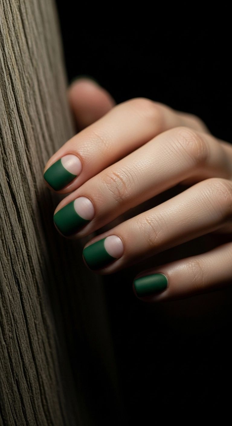 Short nails with a negative space half-moon design, featuring a matte forest green polish.