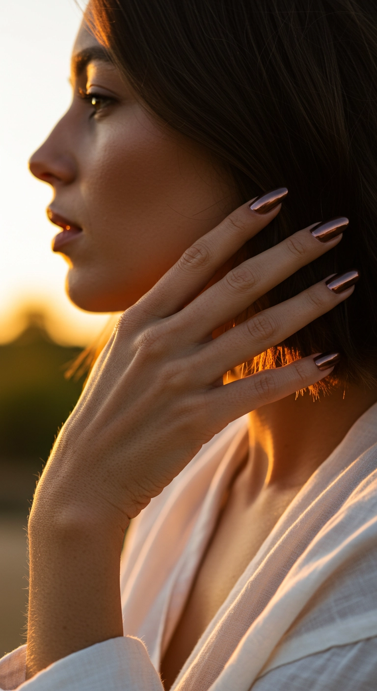 Short almond nails with a reflective, metallic chocolate brown chrome finish.