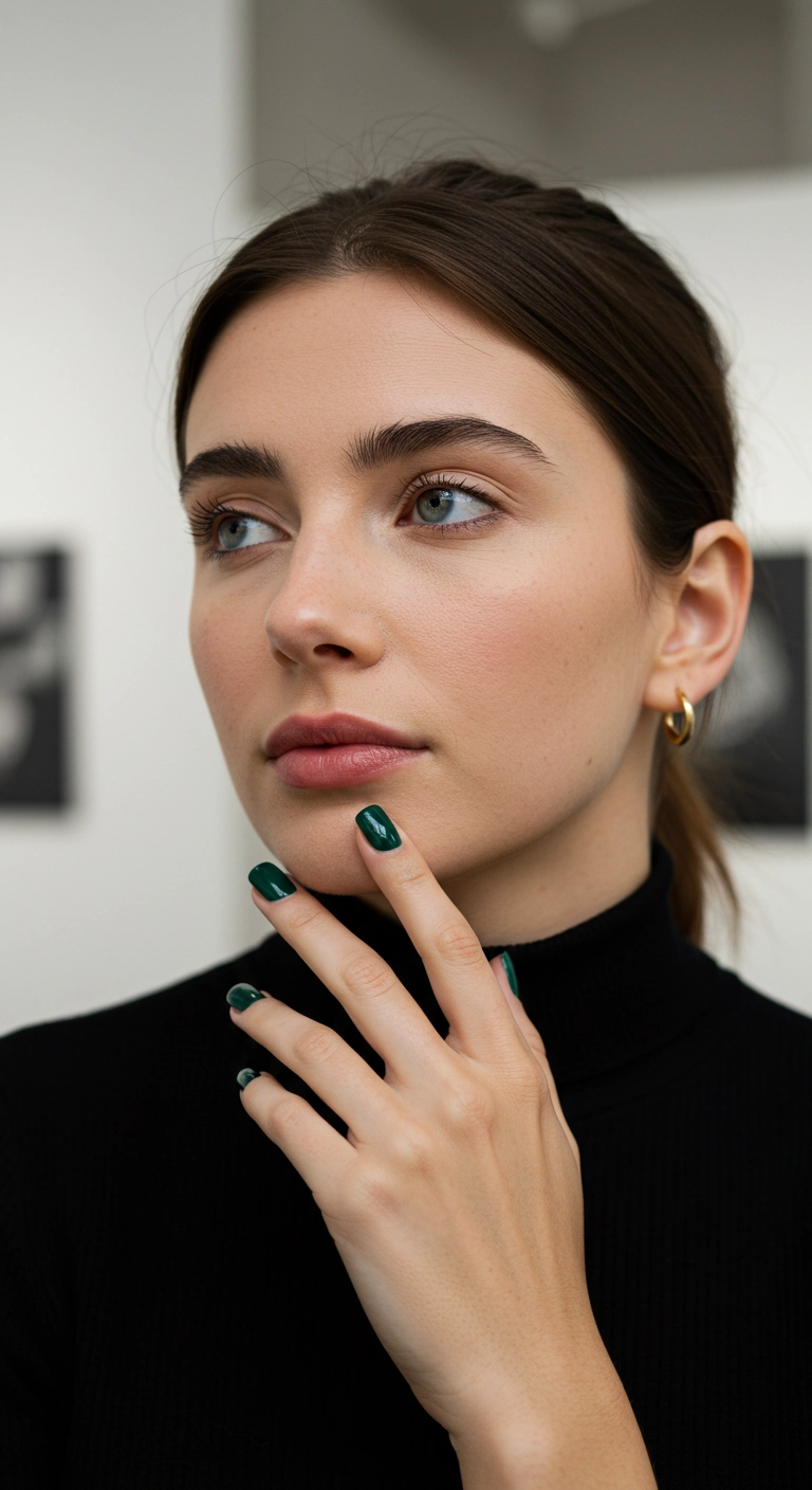A woman showcasing her short square nails painted in a glossy, dark emerald green polish.