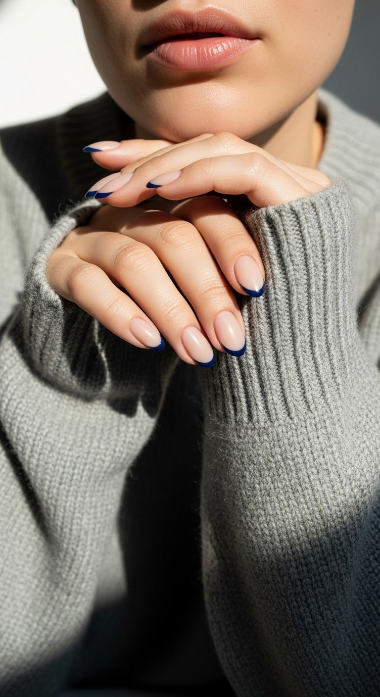 A close-up of short squoval nails with a matte nude base and a glossy navy blue French tip.