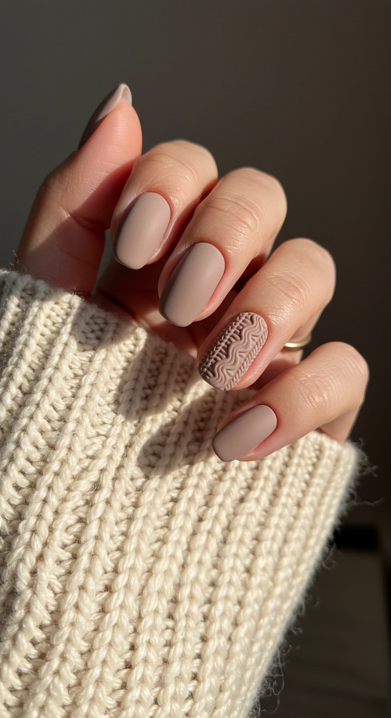 A close-up of short squoval nails with a textured 3D sweater knit design in a matte taupe color.