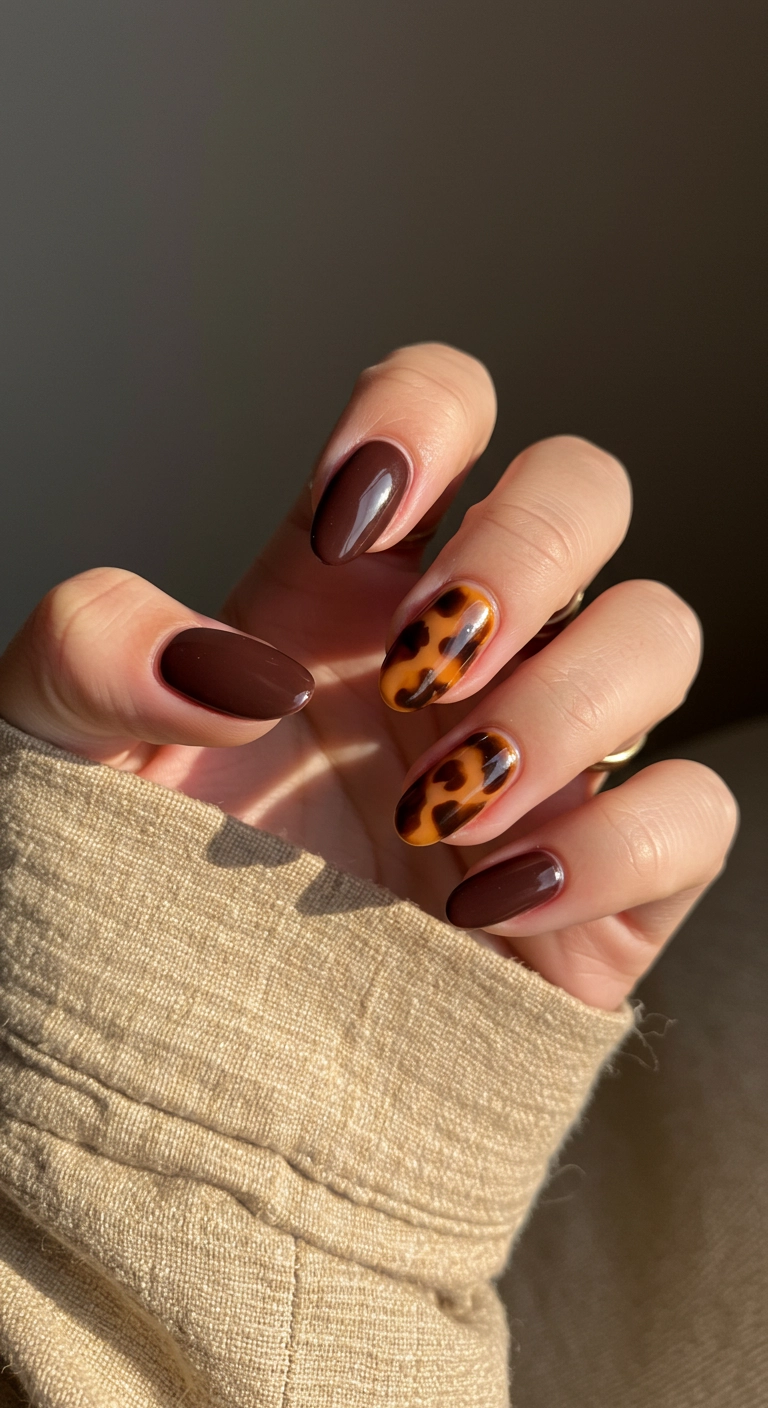 A close-up of an accent nail with a detailed tortoiseshell pattern.