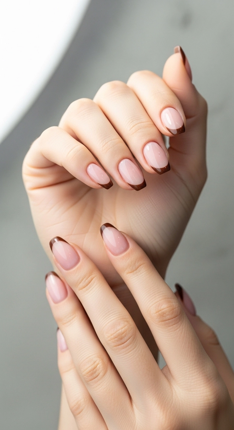 Modern French manicure with a sheer pink base and thin chocolate brown tips.
