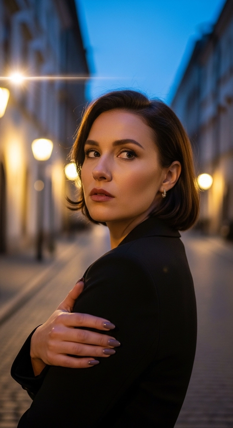 A woman showcasing her smoky plum manicure on a twilight European street.