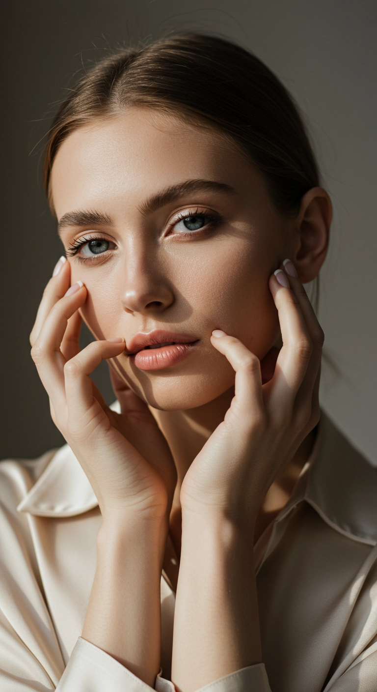 A serene woman with a sheer, milky white manicure on her short, rounded nails.