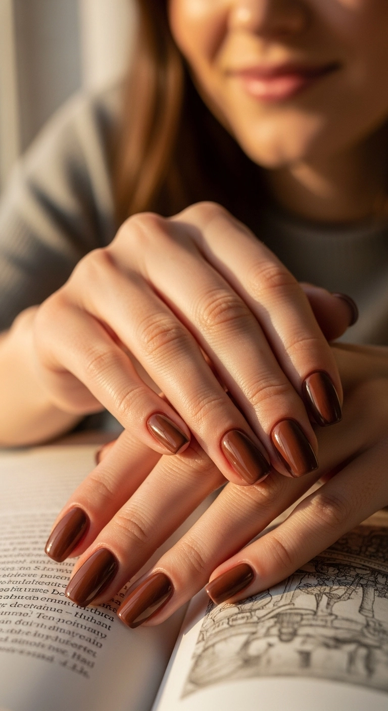 Hands with glossy chocolate brown nails resting on an open book in golden hour light.