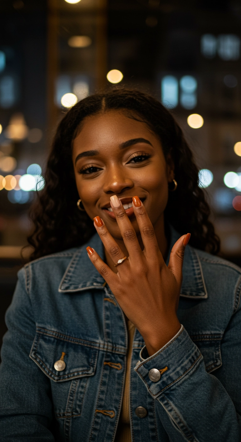 Woman smiling and showing her manicure with a burnt orange accent nail.