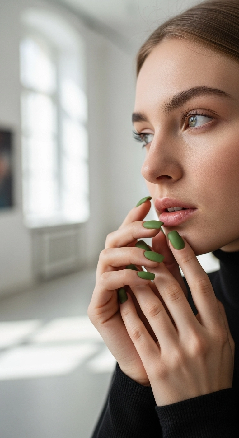Woman with chic matte olive green nails looking thoughtfully away from the camera.