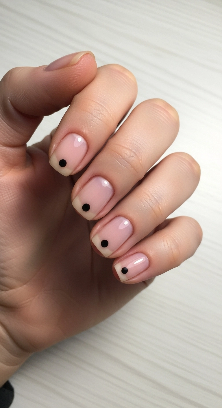A minimalist manicure with a single black dot at the base of each sheer nude nail.