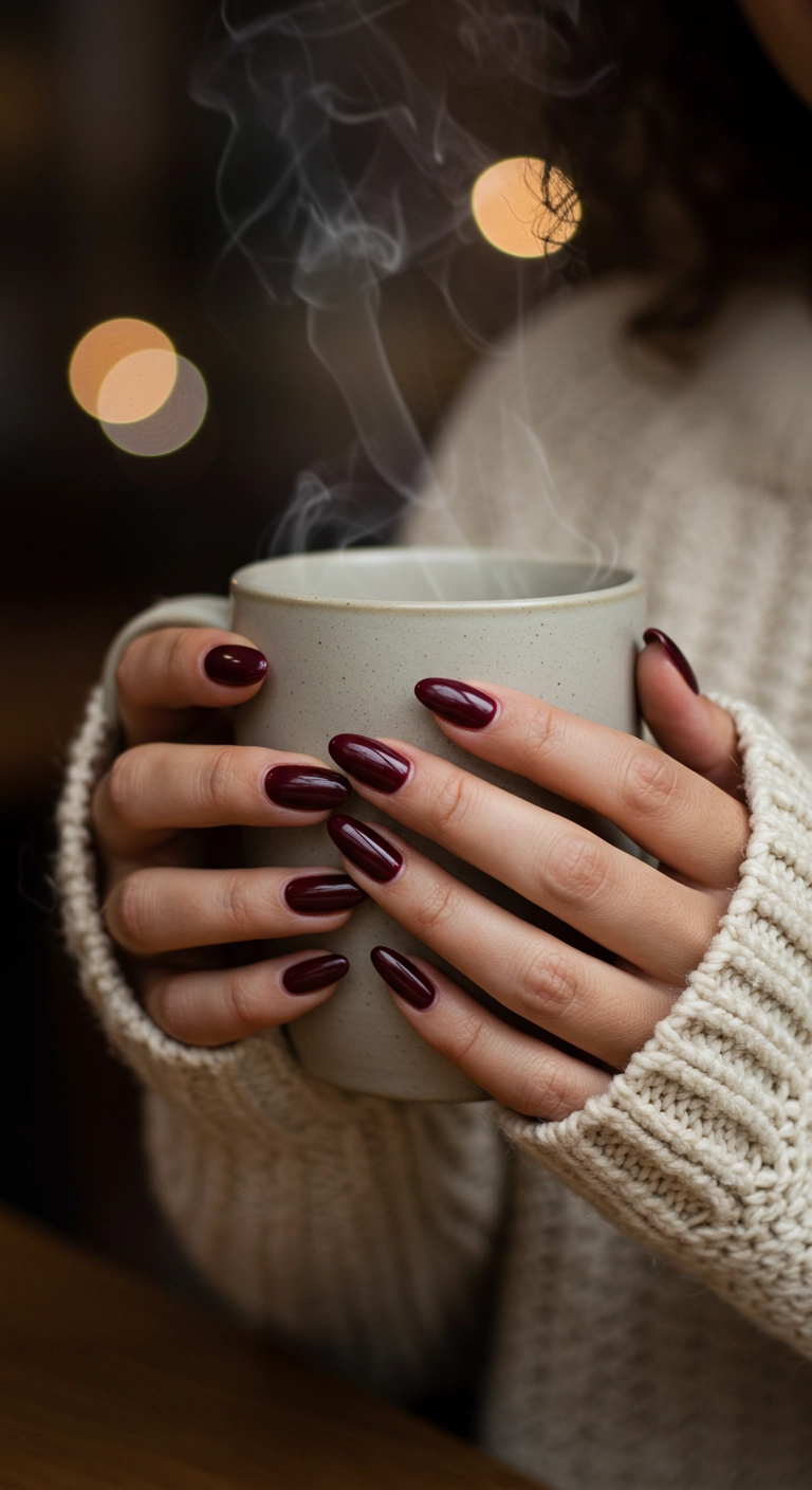 A close-up of hands with classic deep burgundy nails holding a coffee mug.