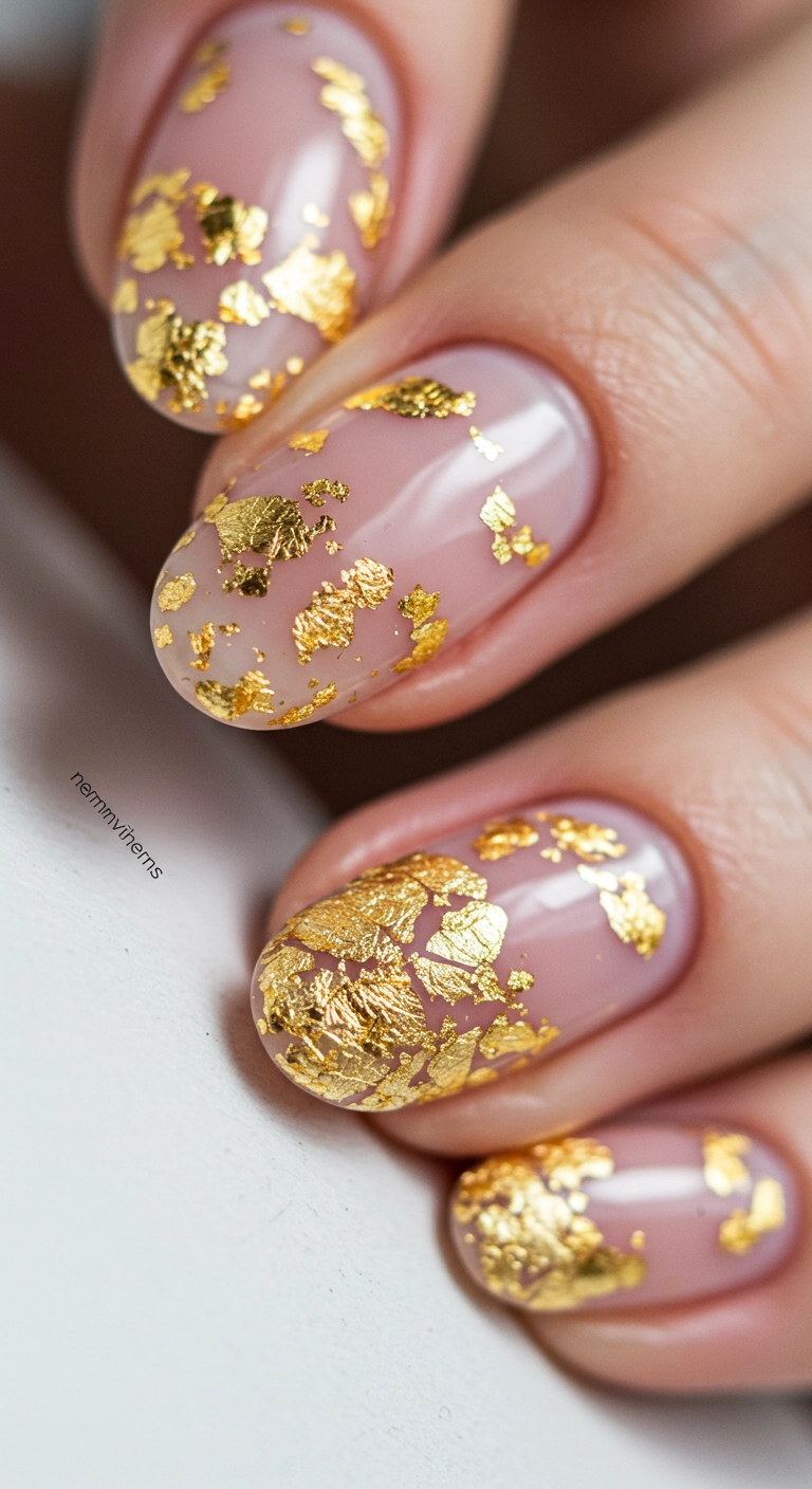 A macro shot of sheer nude nails adorned with minimalist gold flakes.