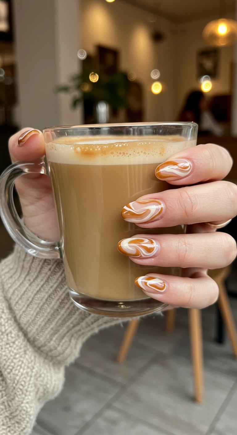 A close-up of nails with a glossy caramel and cream swirl design, resembling latte art.