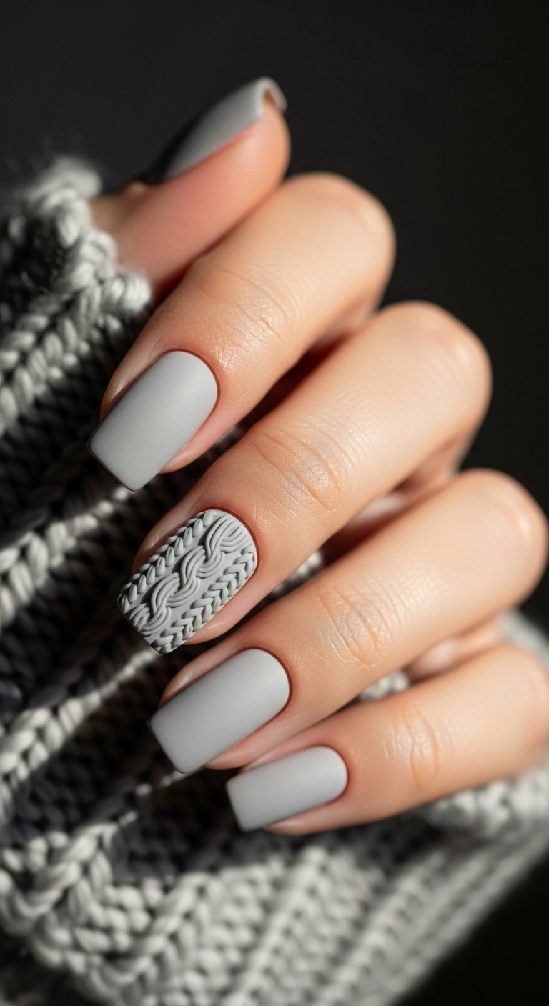 A macro shot of soft grey matte nails with a 3D sweater texture accent nail.