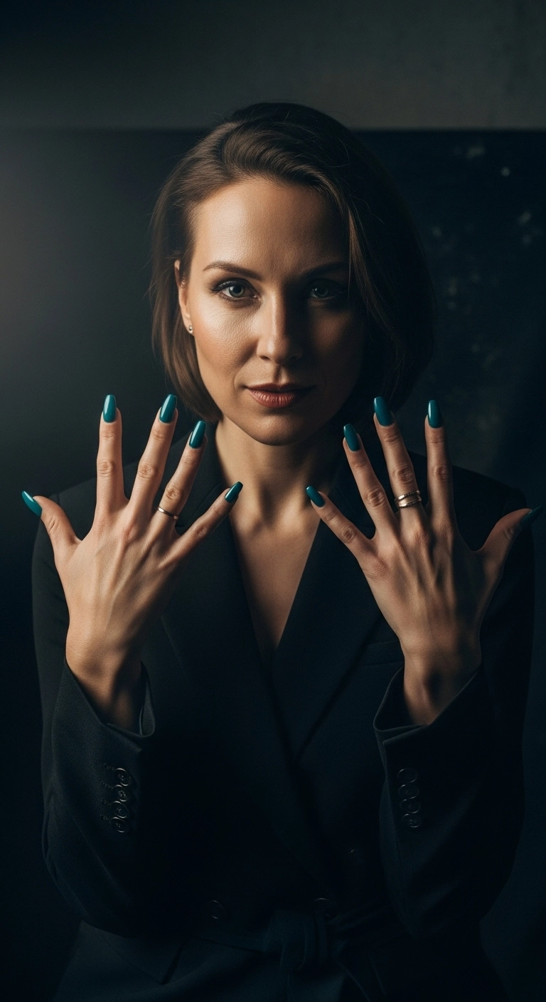 Woman with glossy, deep teal nails in a moody, cinematic portrait.