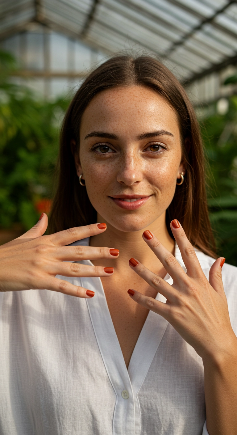 A smiling woman showing off her simple terracotta-colored manicure in a greenhouse.