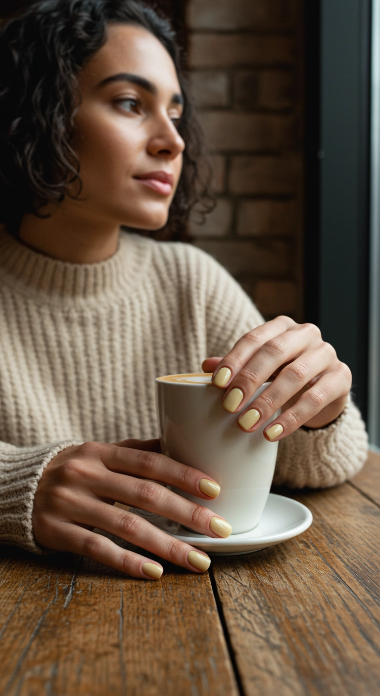 A woman's hands with short square nails painted in a sheer and simple butter yellow spring color.