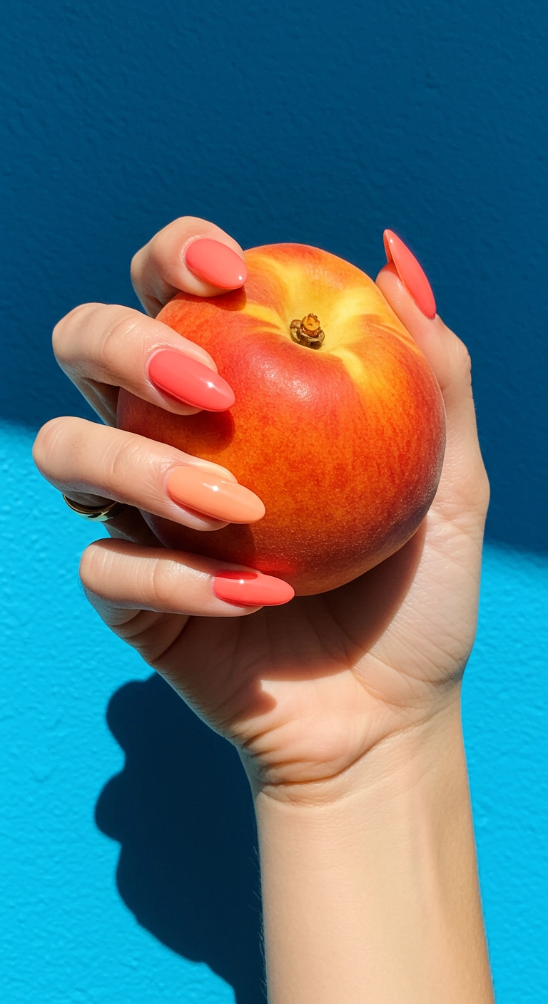 A fun and simple spring nail idea with each nail painted a different shade of peach, known as skittle nails.