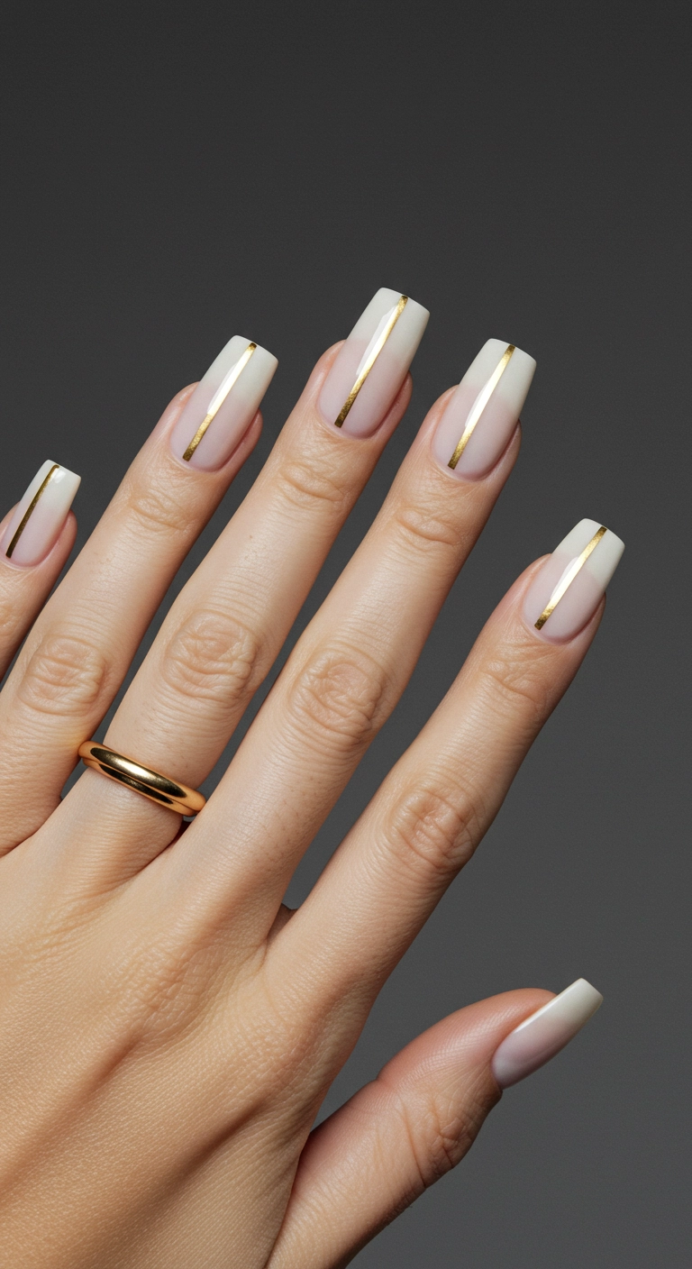 A chic and simple spring nail design featuring a thin gold vertical stripe on a creamy white base.