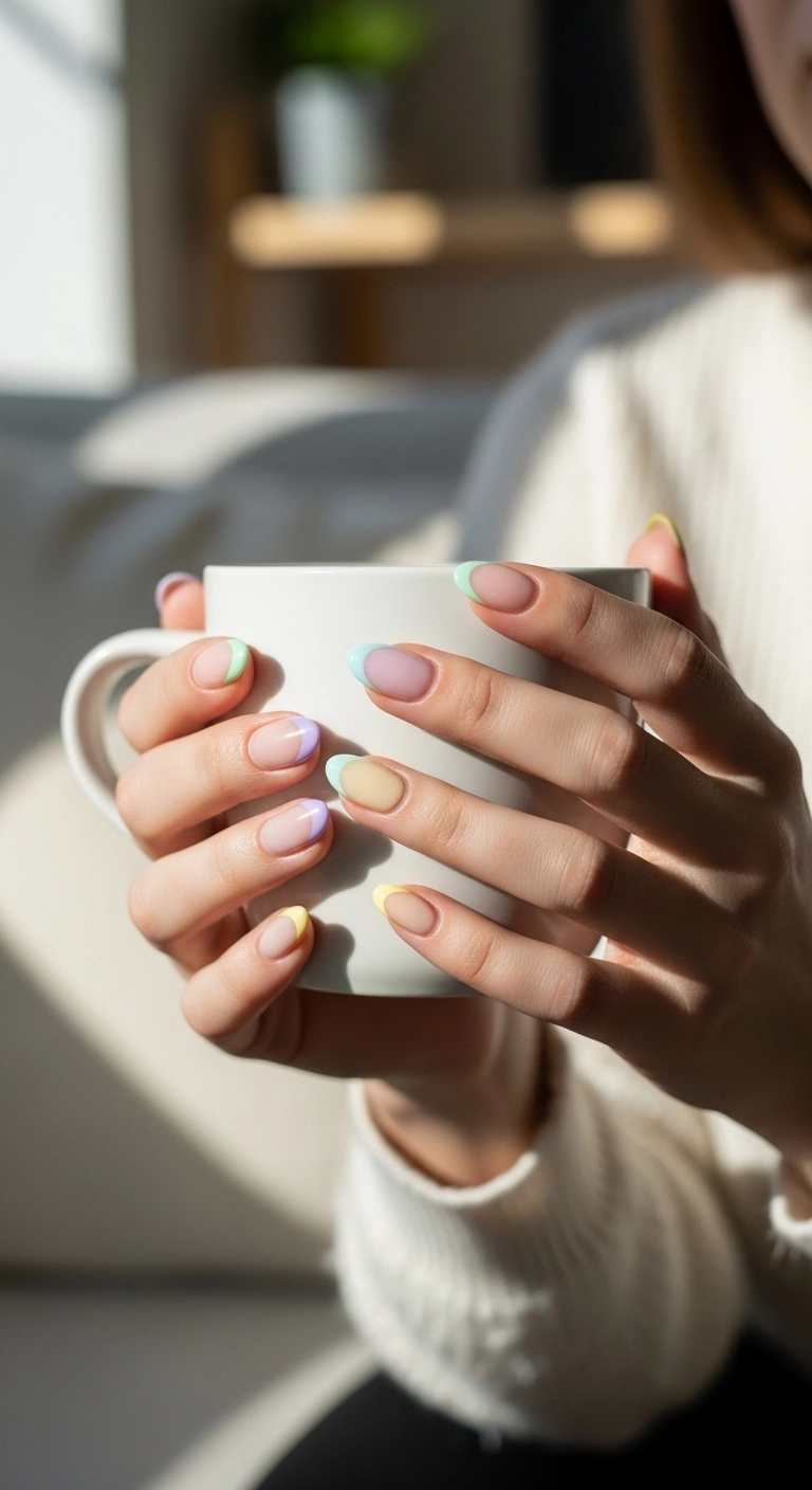 A close-up of hands with pastel rainbow French tip nails holding a white mug.