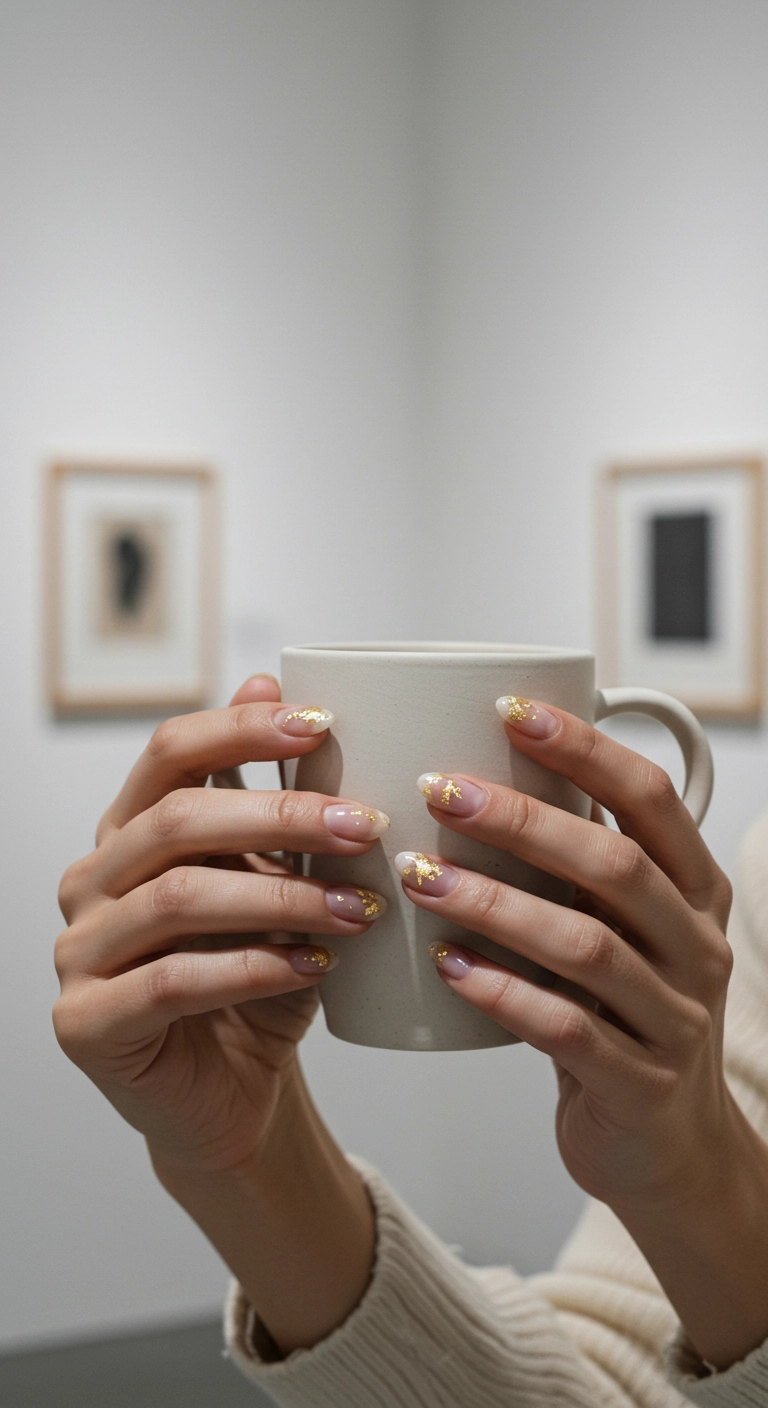 Simple spring nails featuring a clear glossy polish with minimalist gold leaf accents near the cuticles.
